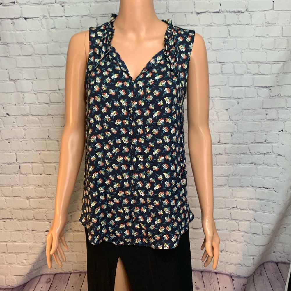 LOFT size XS blue orange yellow boho sleeveless floral blouse